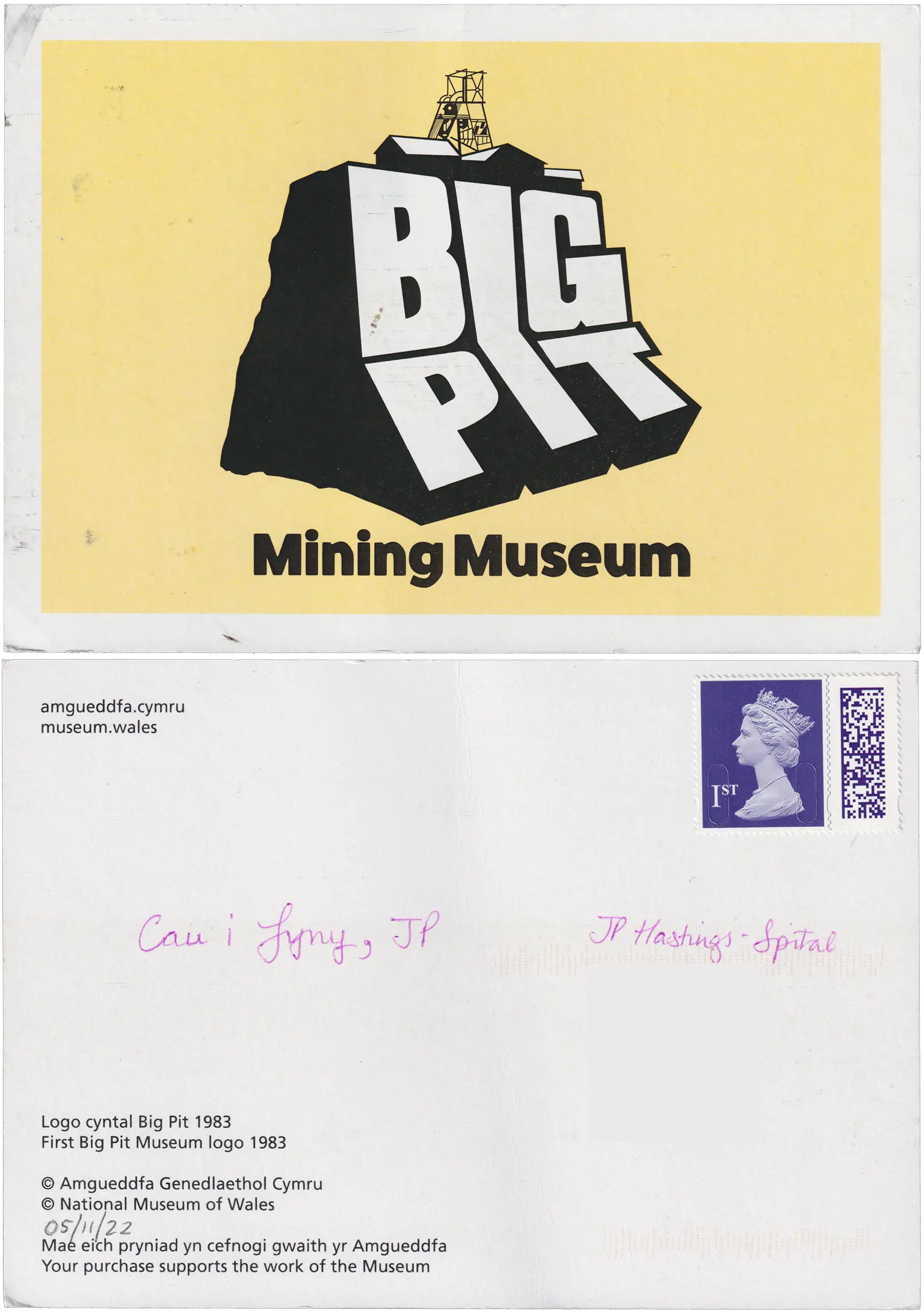 Both sides of a postcard. On the front: An illustration of the words "BIG PIT" shaped to look like a mountain with a coal mine atop it. On the back: Cau i fyny, JP