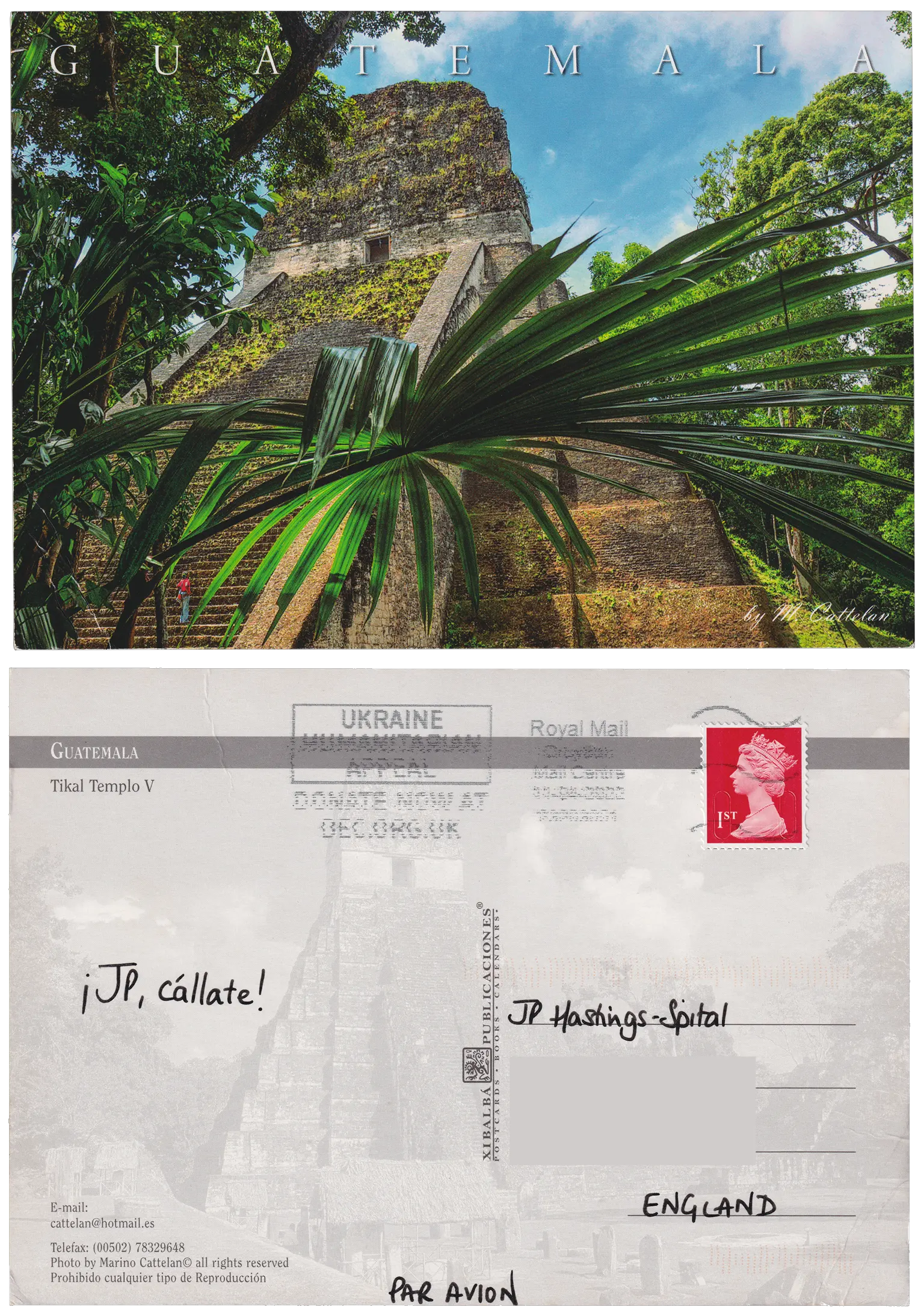 Both sides of a postcard. On the front: A photo of Tikal Templo V in Guatemala, partially covered by nearby rainforest folliage. On the back: ¡JP, cállate!