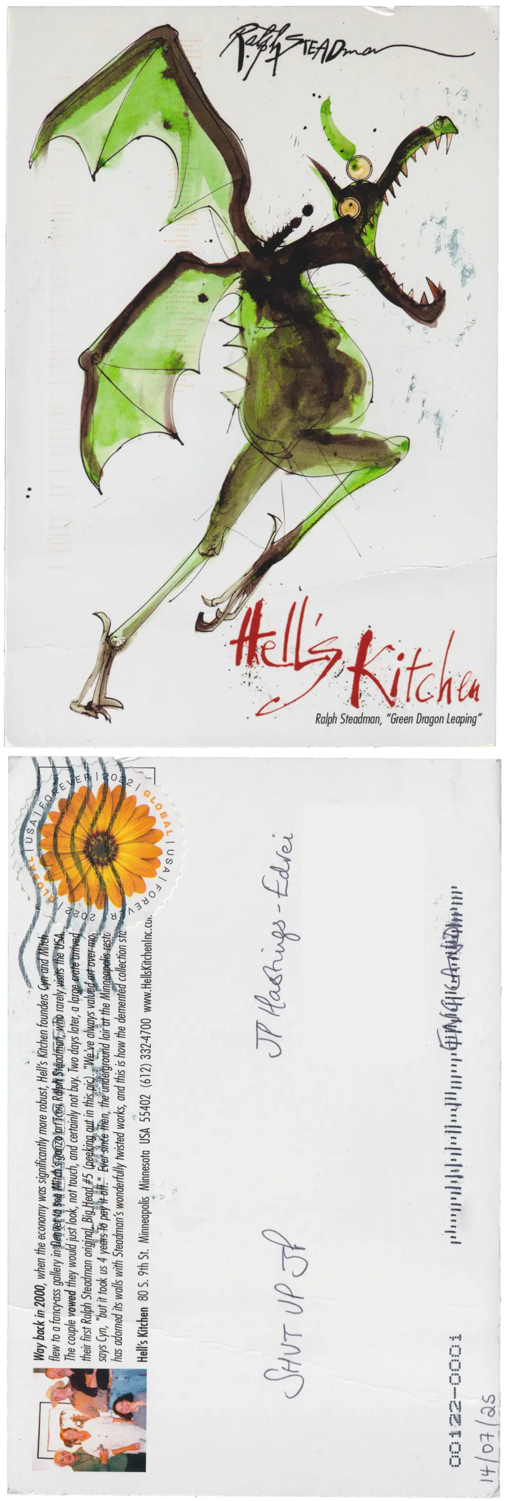 Both sides of a postcard. On the front: A watercolour painting of a green dragon, leaping with its mouth very wide open. It looks kinda crazy, but also like it's having a tonne of fun. On the back: SHUT UP JP