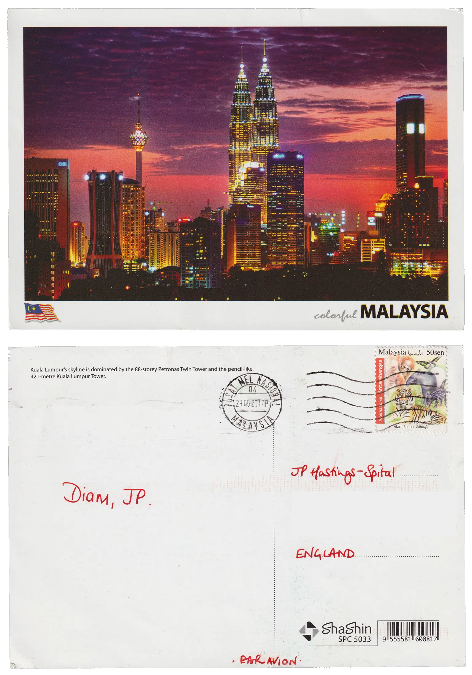 Both sides of a postcard. On the front: A sunset view of Kuala Lumpur's skyline. On the back: Diam, JP.