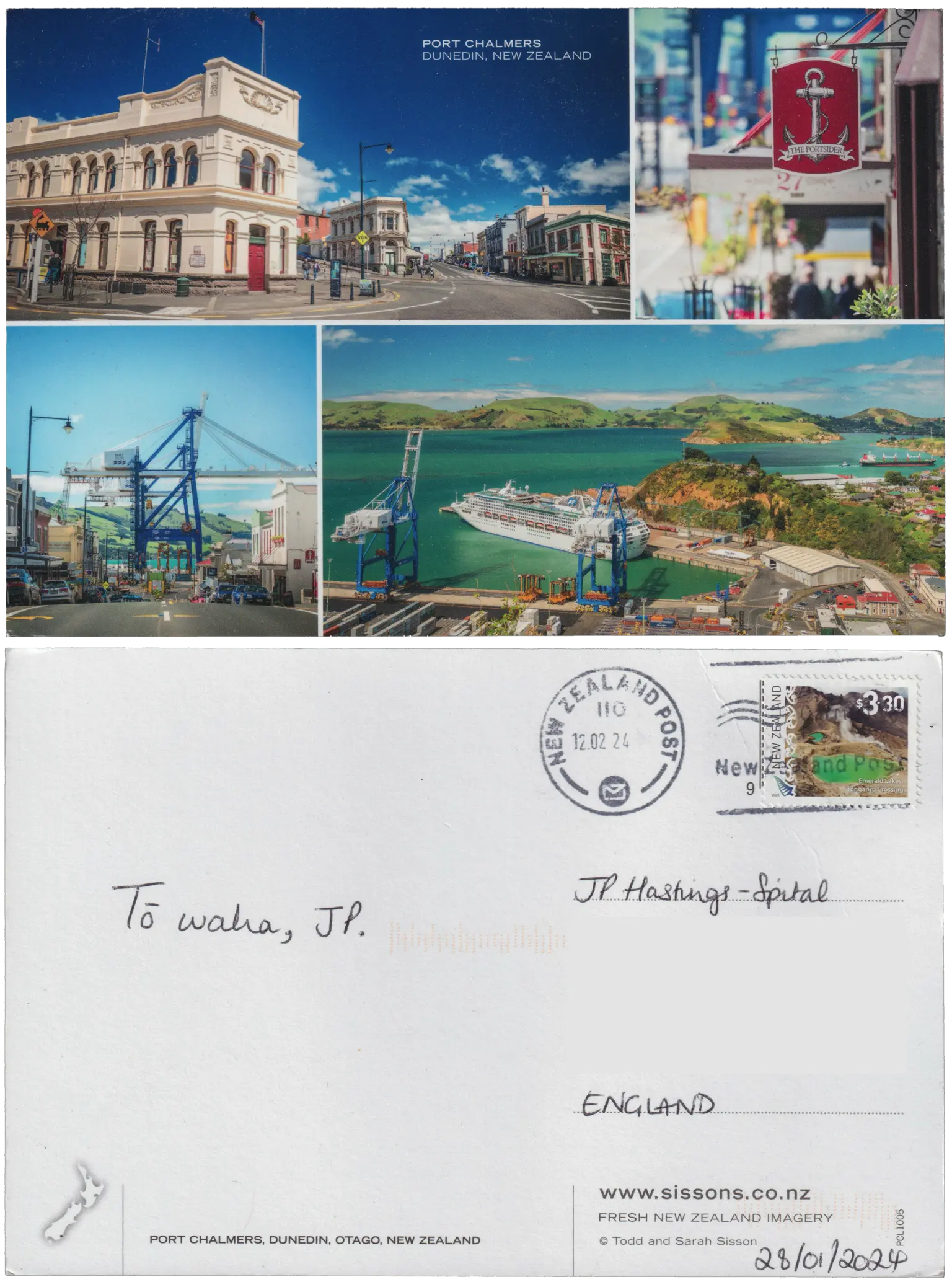 Both sides of a postcard. On the front: Four views of the town of Port Chalmers, including the pub sign of "The Portsider", and a grand vista of the bay with a cruise liner in dock. On the back: Tō waha, JP.