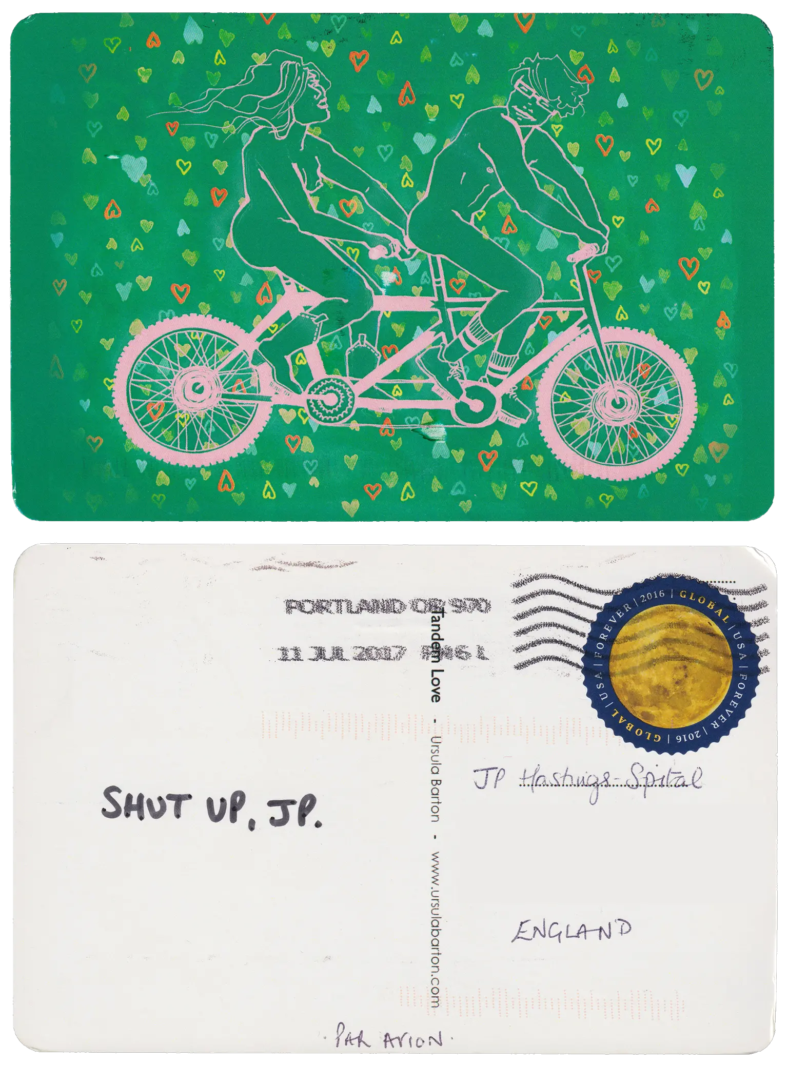 Both sides of a postcard. On the front: An illustration of a naked, but booted, man and woman riding a tandem bike on a background of hearts. On the back: SHUT UP, JP.