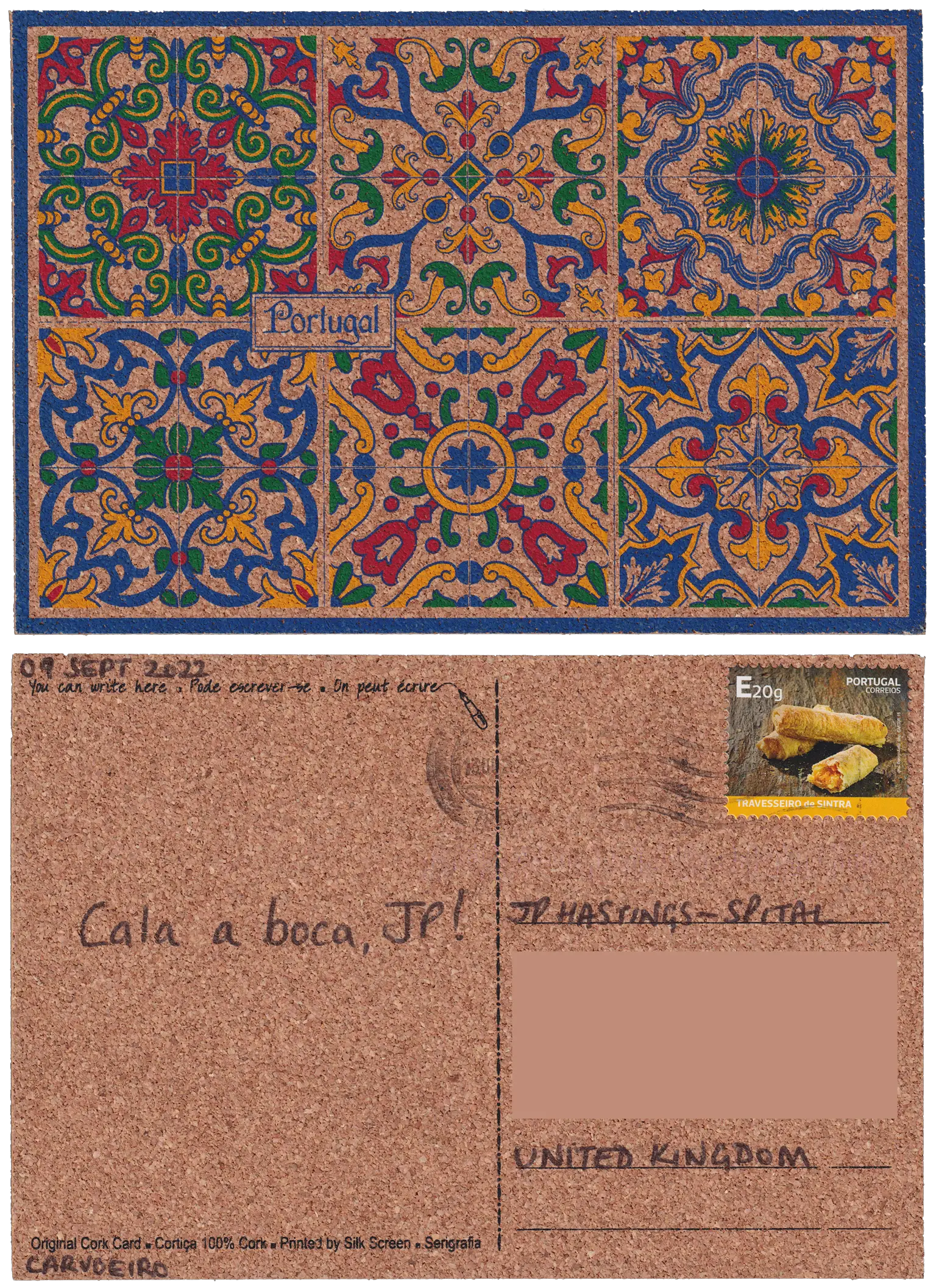 Both sides of a postcard. On the front: 6 square tiling patterns in blue, green, red and yellow on a postcard made entirely of cord. The word "Portugal" sits between four of the tiles. On the back: Cala a boca, JP!