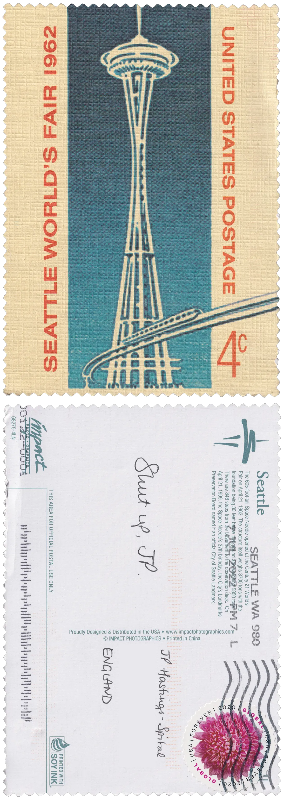 Both sides of a postcard. On the front: A replica of a '60s era postcard, on embossed paper. Shows a simple illustration of the Space Needle, described as being from Seattle's World Fair in 1962. On the back: Shut up, JP.