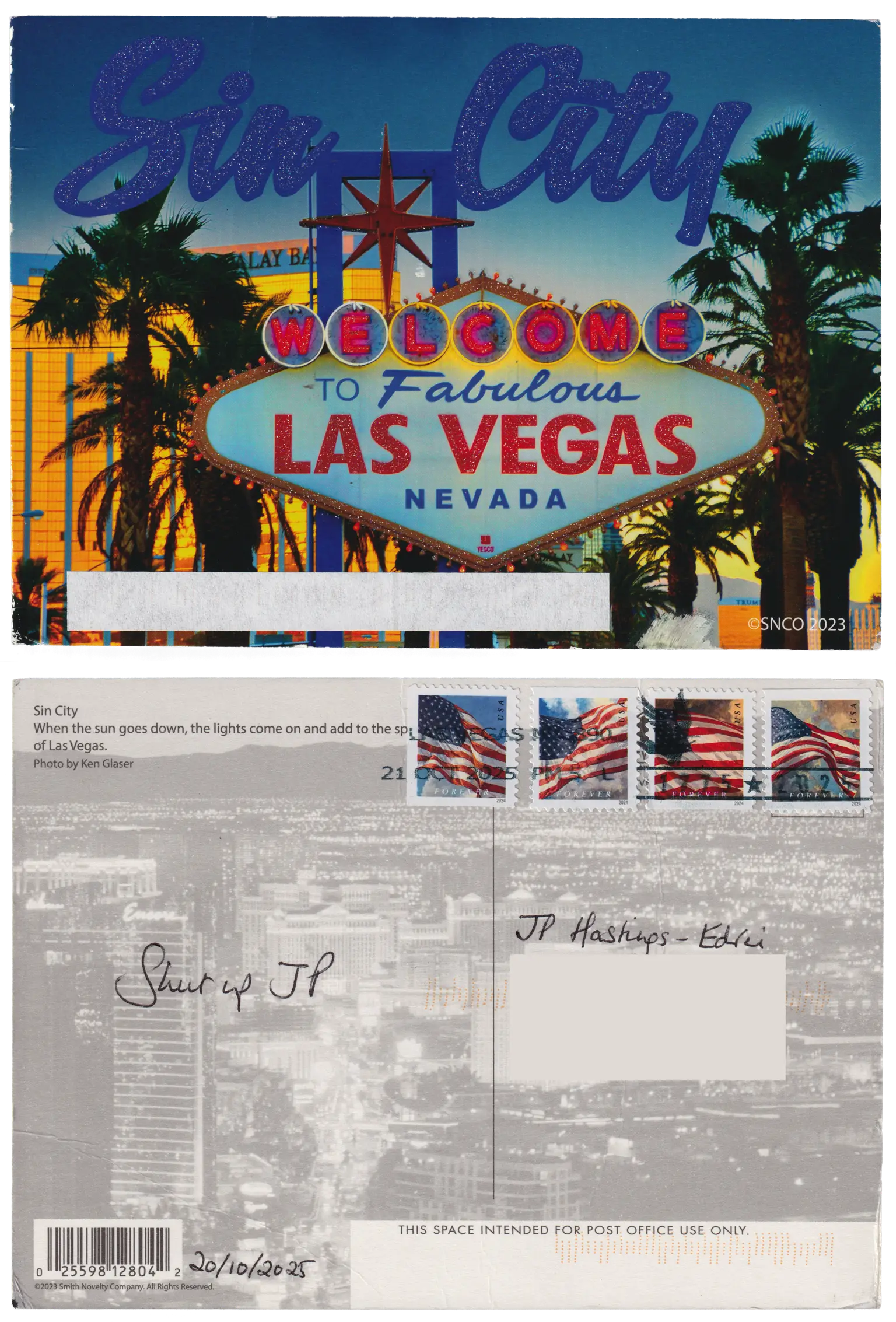 Both sides of a postcard. On the front: A photo of a large, sparkling diamond sign saying "Welcome to Fabulous Las Vegas Nevada", palm trees and hotels in the background, with the text "Sin City" superimposed. On the back: Shut up JP