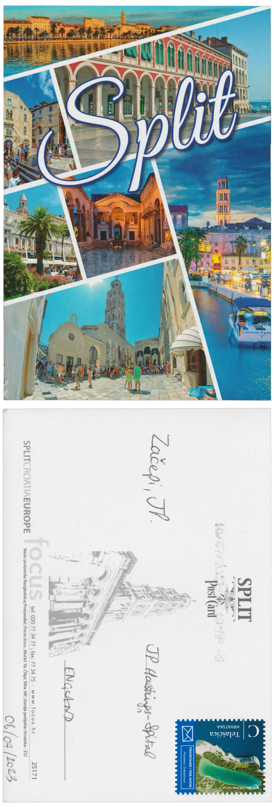 Both sides of a postcard. On the front: A collage of photos of showing the beautiful, sunny limestone buildings of Split, with the city's name overlayed. On the back: Začepi, JP.