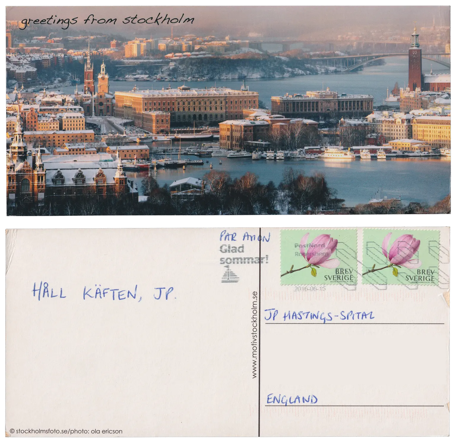 Both sides of a postcard. On the front: An aerial photograph of snow-covered Stockholm's harbours. On the back: HALL KÄFTEN, JP.