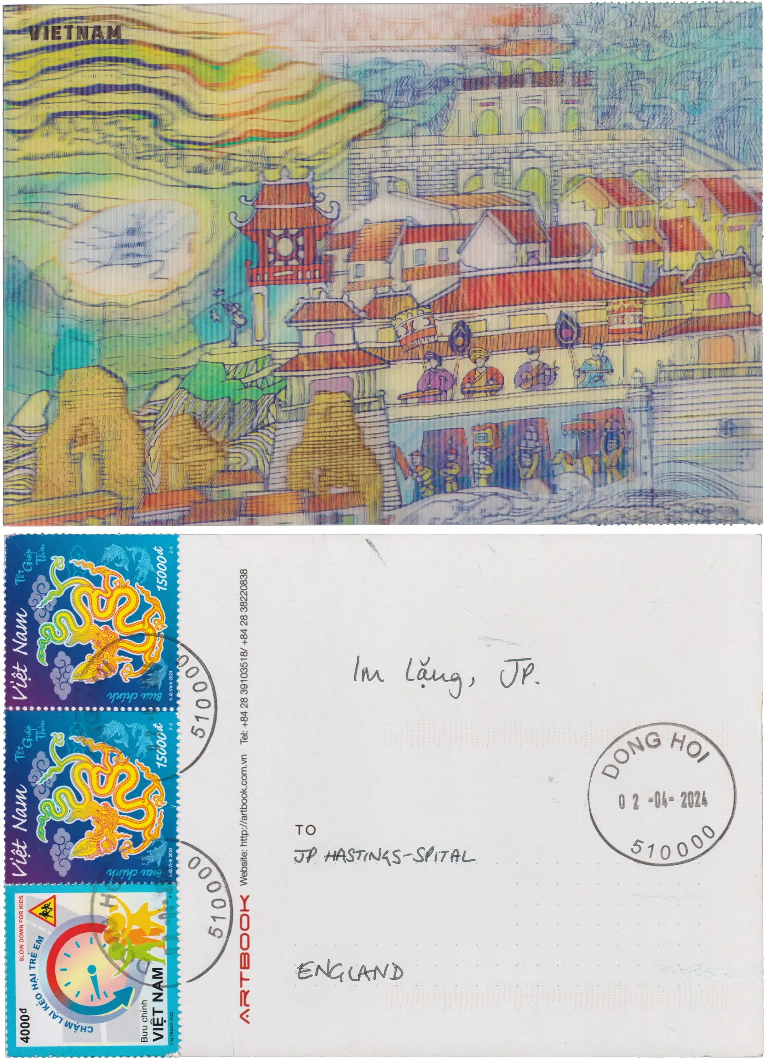 Both sides of a postcard. On the front: An (impossible to scan) holographic print of a colourful illustration of a pre-industrial city (presumably in Vietnam). On the back: Im Lặng, JP.